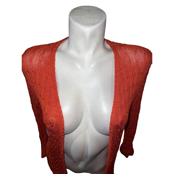 Chico's Sweater Women's Size M (1) Bright Coral Open Front 3/4 Sleeve Cardigan - Picture 2 of 9